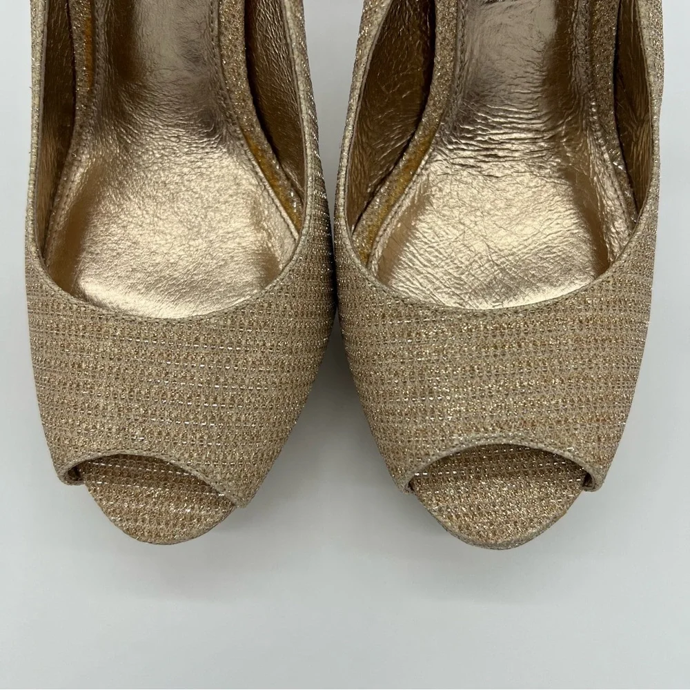 Adrianna Papell Gold Glitter Slingback Platform Heels – Peep Toe High Heel Pumps